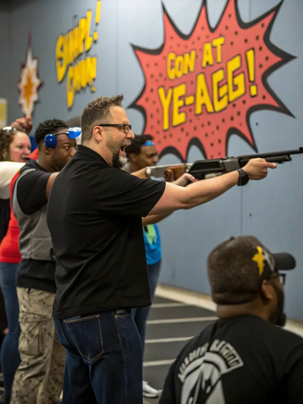 An action shot of a shooting competition at the club, showcasing participants aiming at targets with determination.