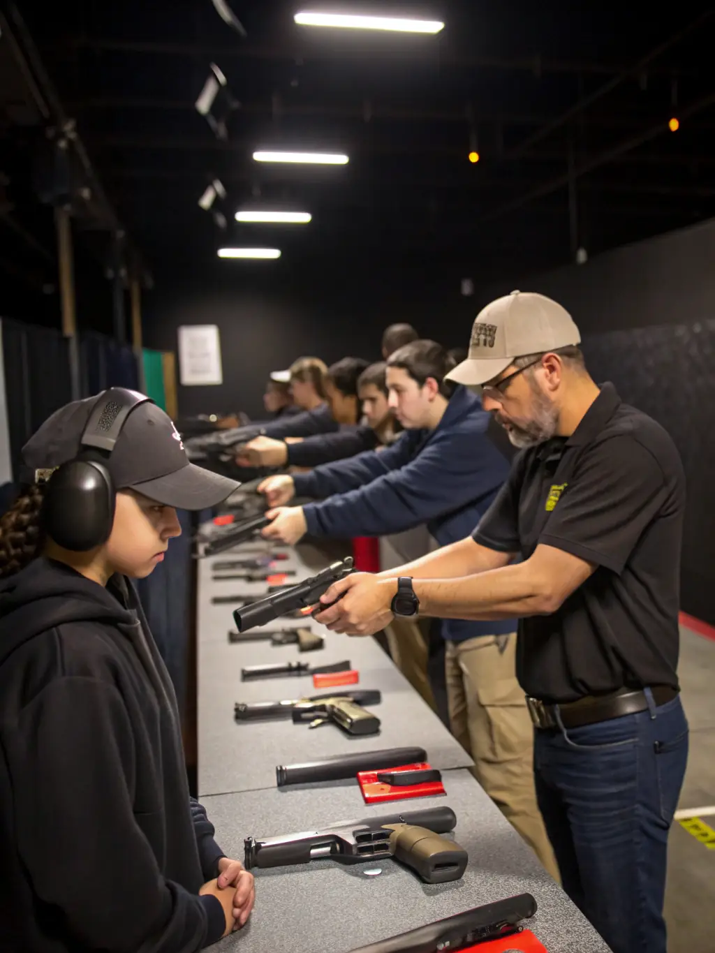 An image of a youth shooting program, showing young participants learning the basics of shooting sports under supervision.